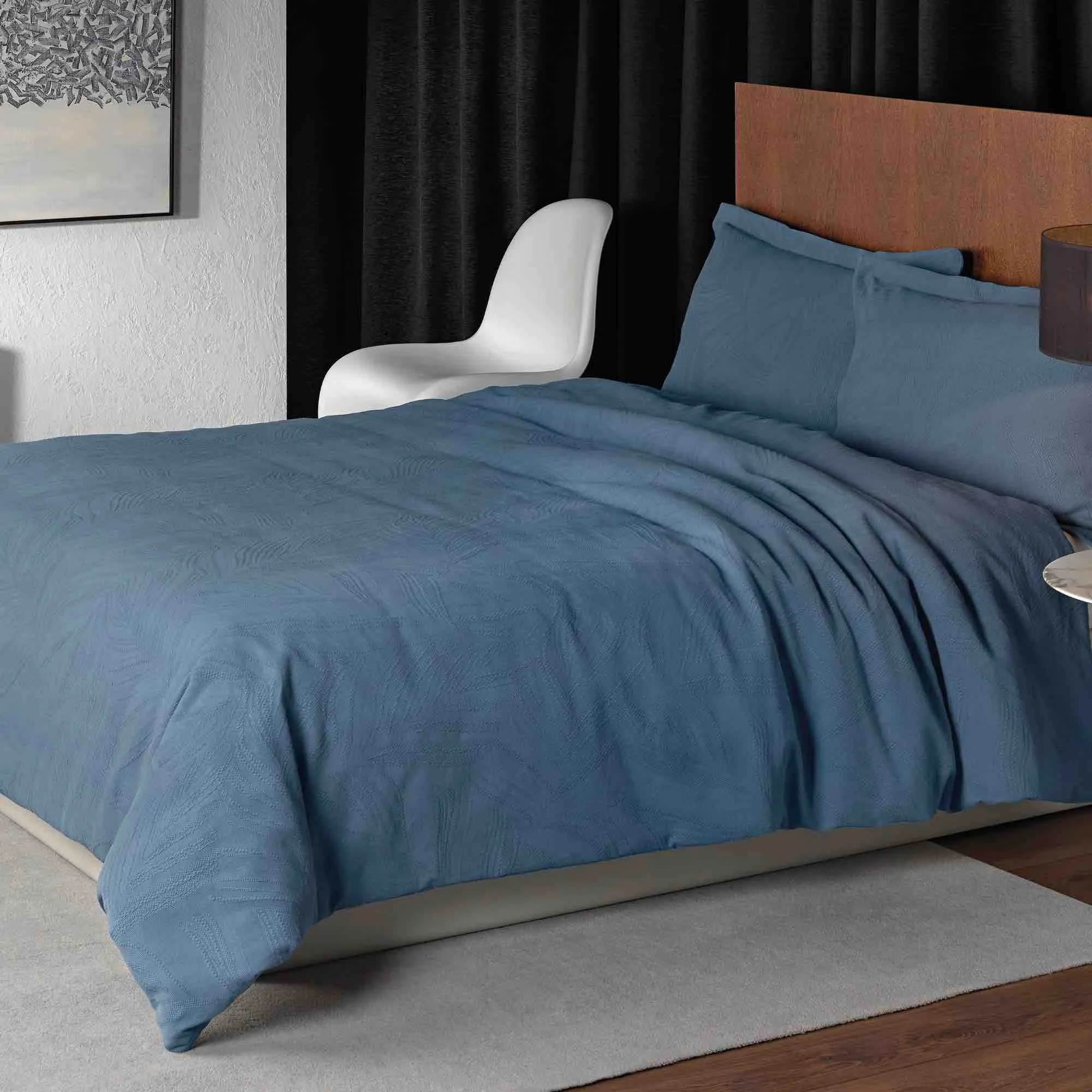 Linen Leaf Stonewash Duvet Cover Set - Denim