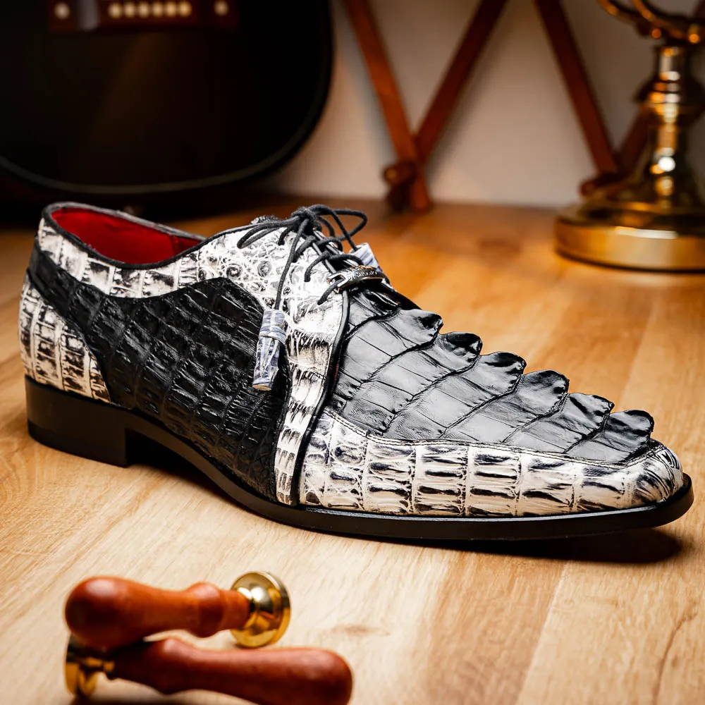 Marco Di Milano Caribe in Black / Newspaper Hornback Caiman Derby Shoes