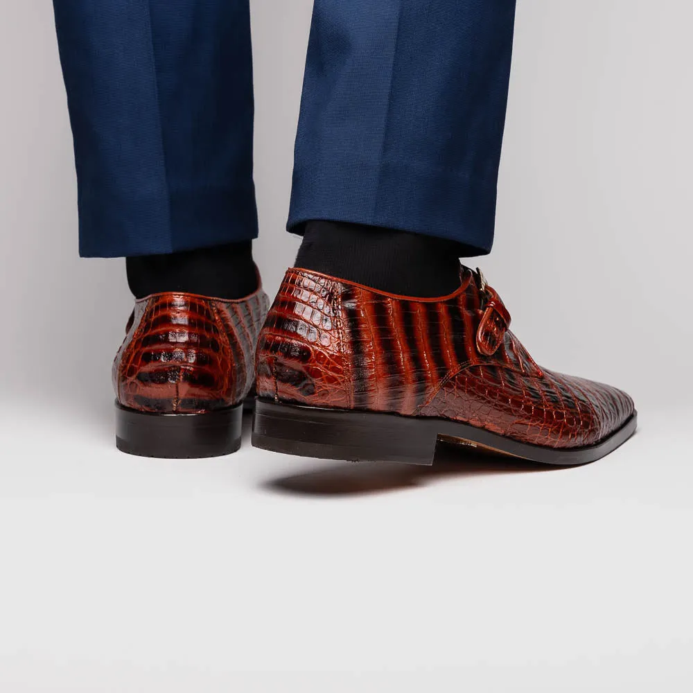 Marco Di Milano Rovigo in Cognac Caiman Crocodile Monk Strap Dress Shoes