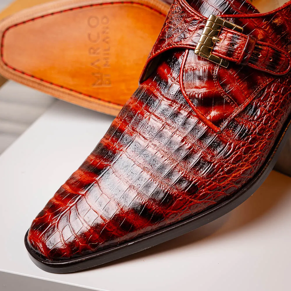 Marco Di Milano Rovigo in Cognac Caiman Crocodile Monk Strap Dress Shoes