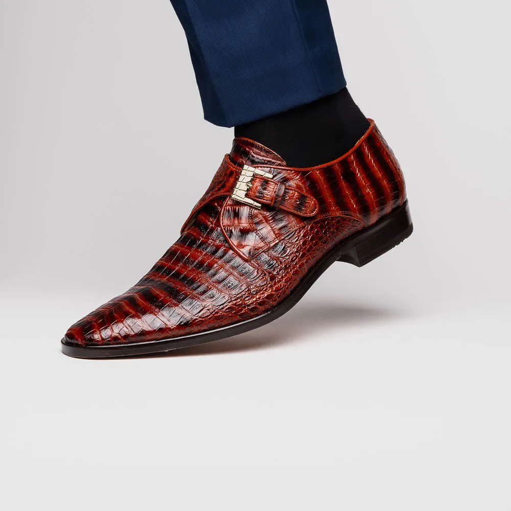 Marco Di Milano Rovigo in Cognac Caiman Crocodile Monk Strap Dress Shoes