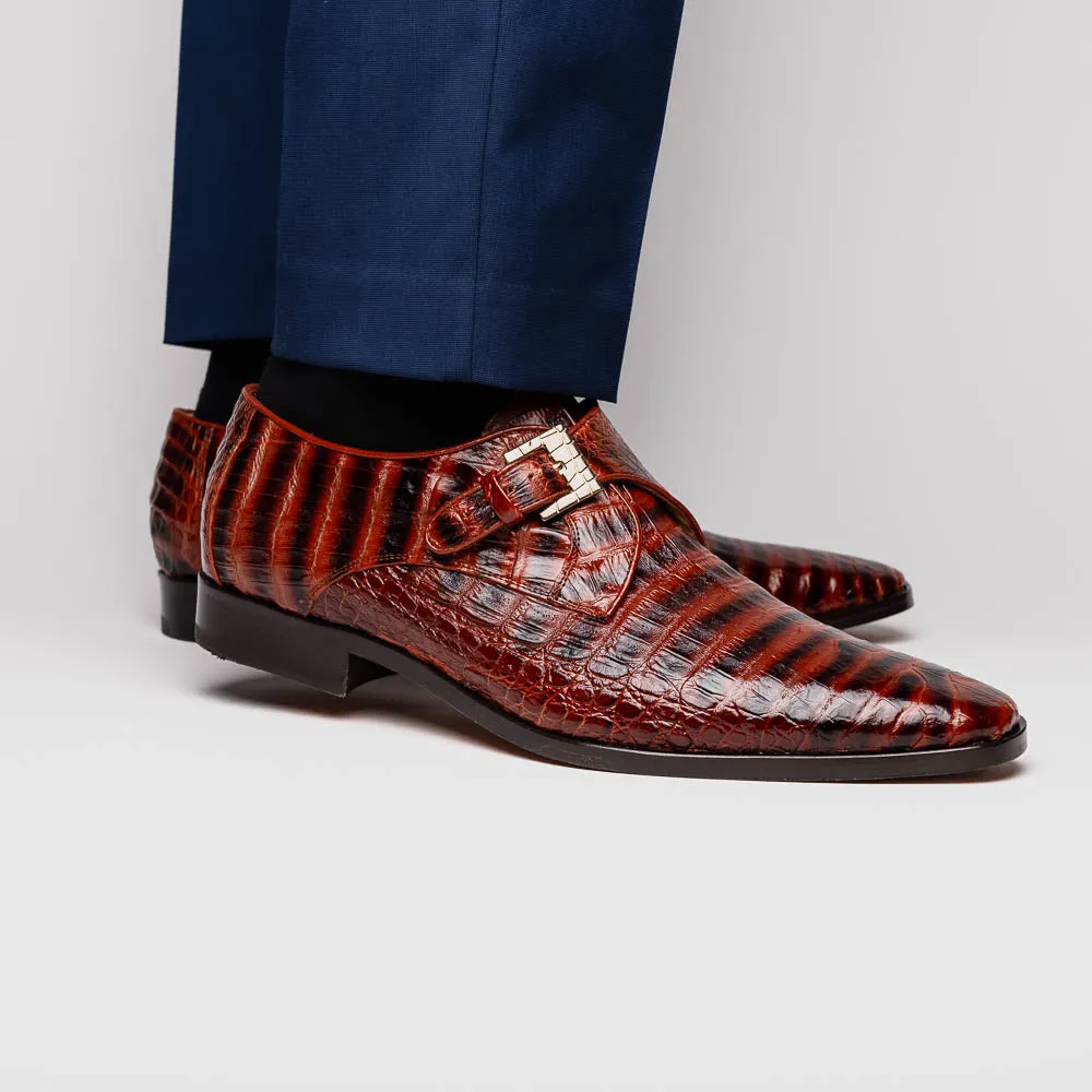 Marco Di Milano Rovigo in Cognac Caiman Crocodile Monk Strap Dress Shoes