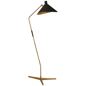 Mayotte Large Offset Floor Lamp in Hand-Rubbed Antique Brass with Black Shade