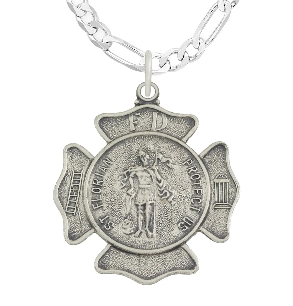 Men's 1 1/8in 925 Sterling Silver Antiqued Finish St Saint Florian Badge Medal Pendant Necklace