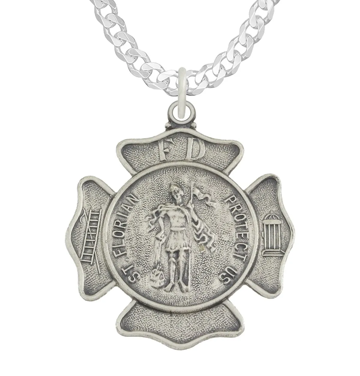 Men's 1 1/8in 925 Sterling Silver Antiqued Finish St Saint Florian Badge Medal Pendant Necklace