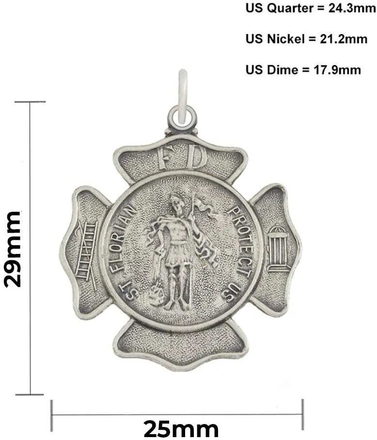 Men's 1 1/8in 925 Sterling Silver Antiqued Finish St Saint Florian Badge Medal Pendant Necklace