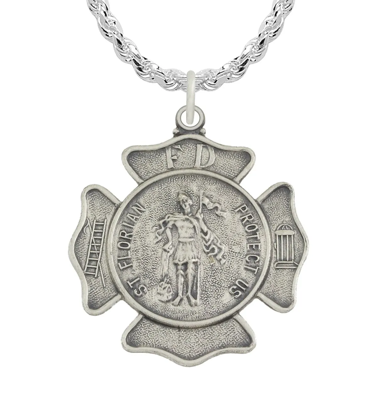 Men's 1 1/8in 925 Sterling Silver Antiqued Finish St Saint Florian Badge Medal Pendant Necklace