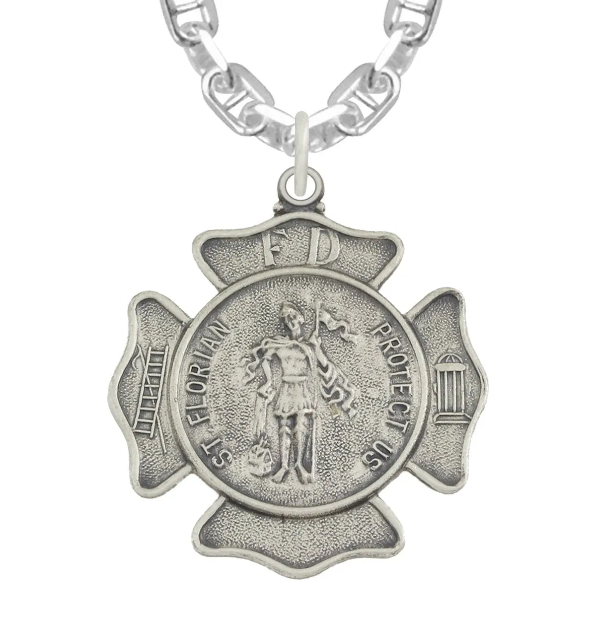 Men's 1 1/8in 925 Sterling Silver Antiqued Finish St Saint Florian Badge Medal Pendant Necklace