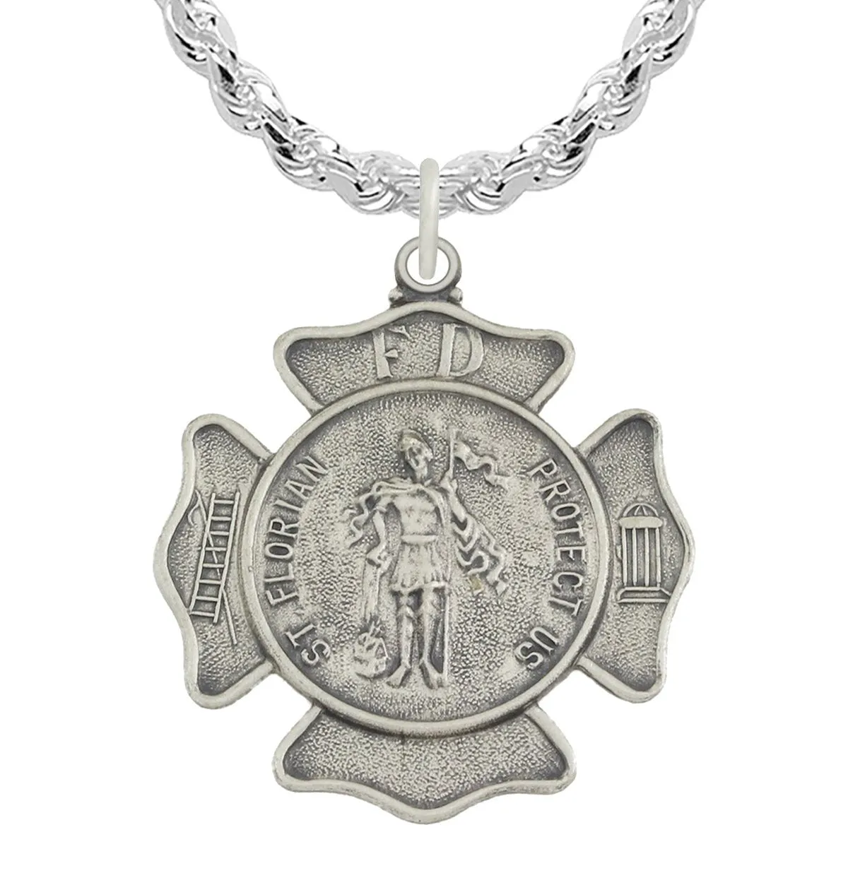 Men's 1 1/8in 925 Sterling Silver Antiqued Finish St Saint Florian Badge Medal Pendant Necklace