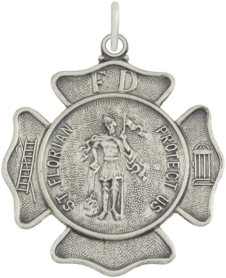Men's 1 1/8in 925 Sterling Silver Antiqued Finish St Saint Florian Badge Medal Pendant Necklace