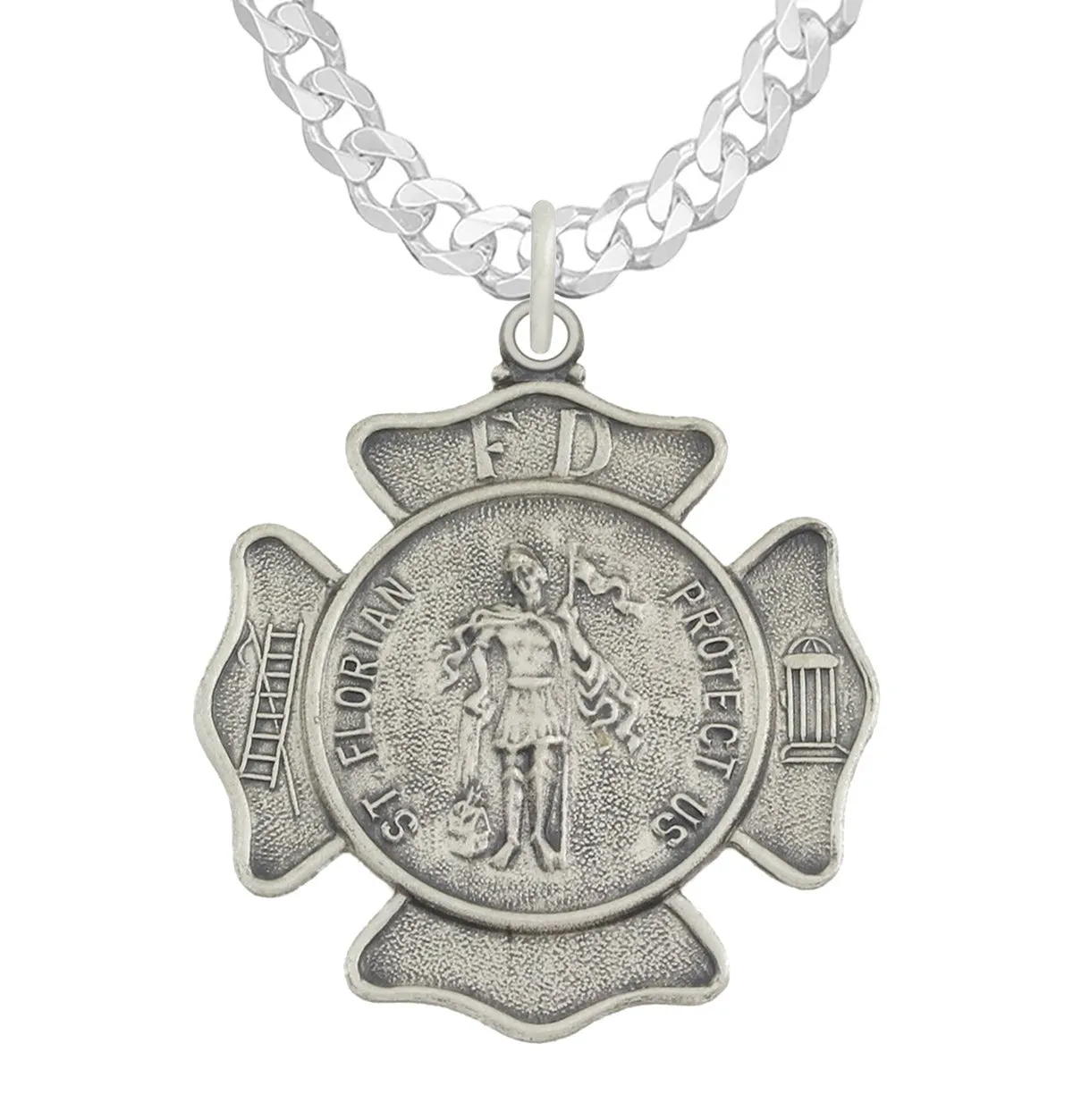 Men's 1 1/8in 925 Sterling Silver Antiqued Finish St Saint Florian Badge Medal Pendant Necklace