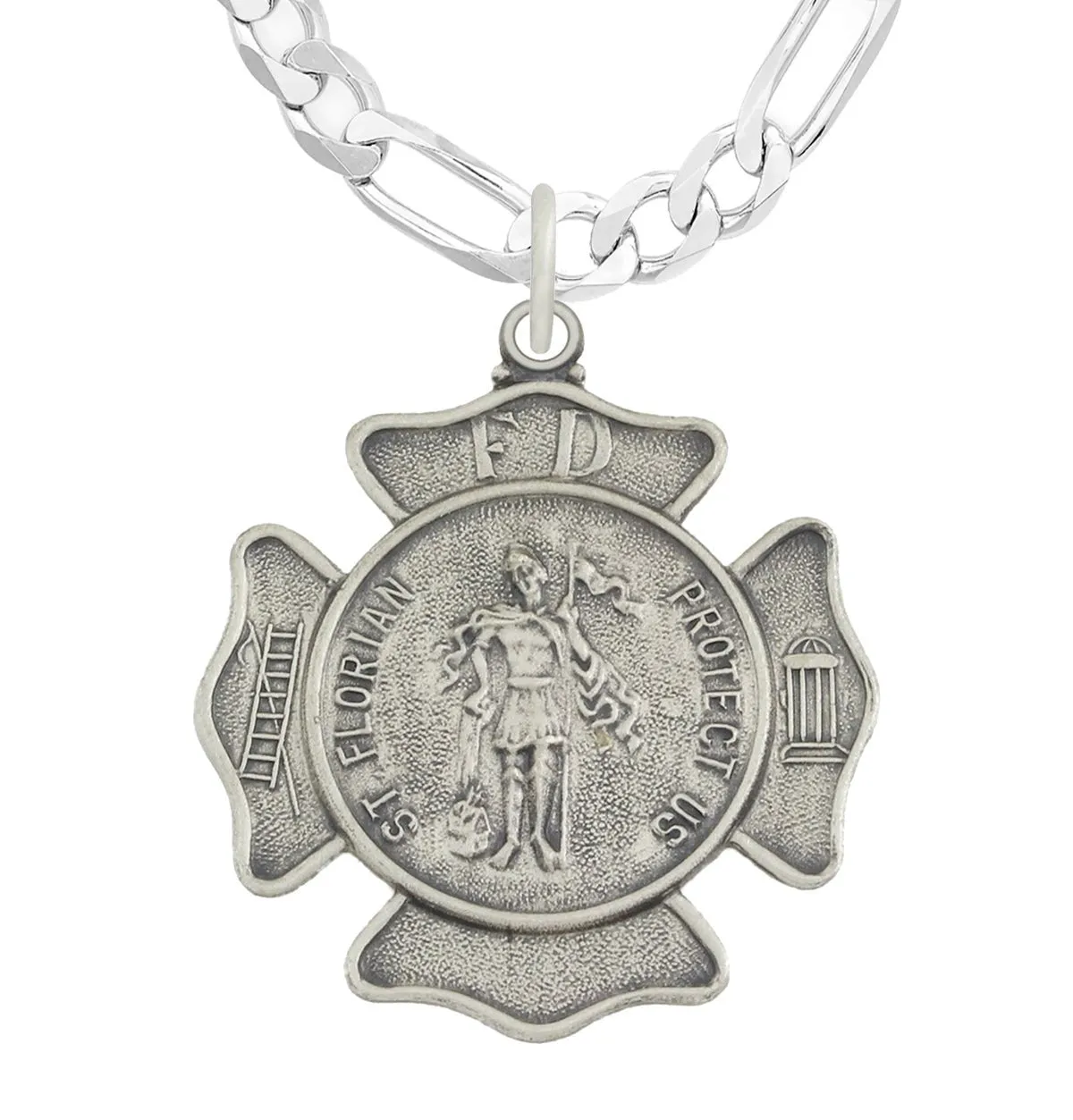 Men's 1 1/8in 925 Sterling Silver Antiqued Finish St Saint Florian Badge Medal Pendant Necklace