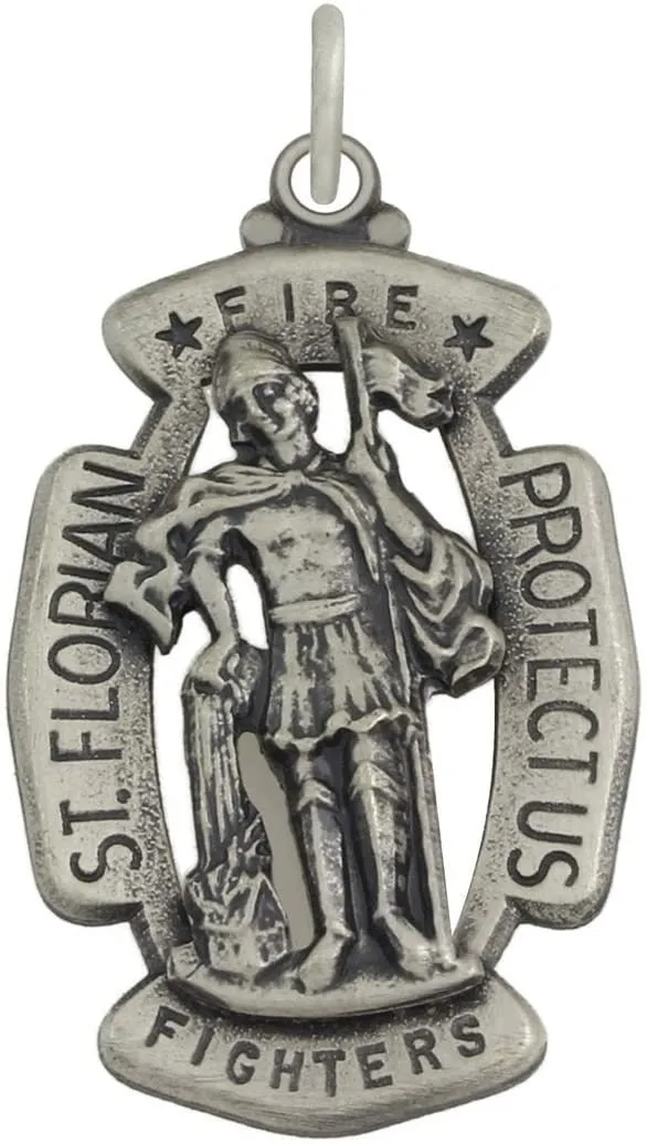 Men's 1 5/16in Sterling Silver Antiqued Saint St Florian Firefigthers Medal Pendant Necklace