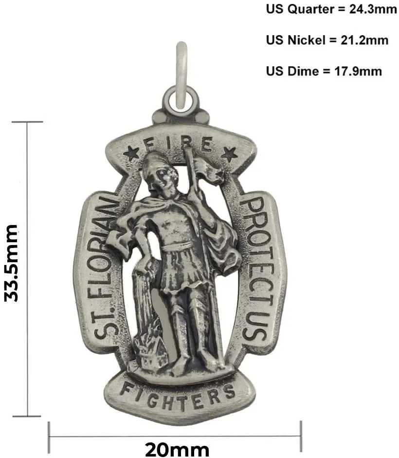 Men's 1 5/16in Sterling Silver Antiqued Saint St Florian Firefigthers Medal Pendant Necklace