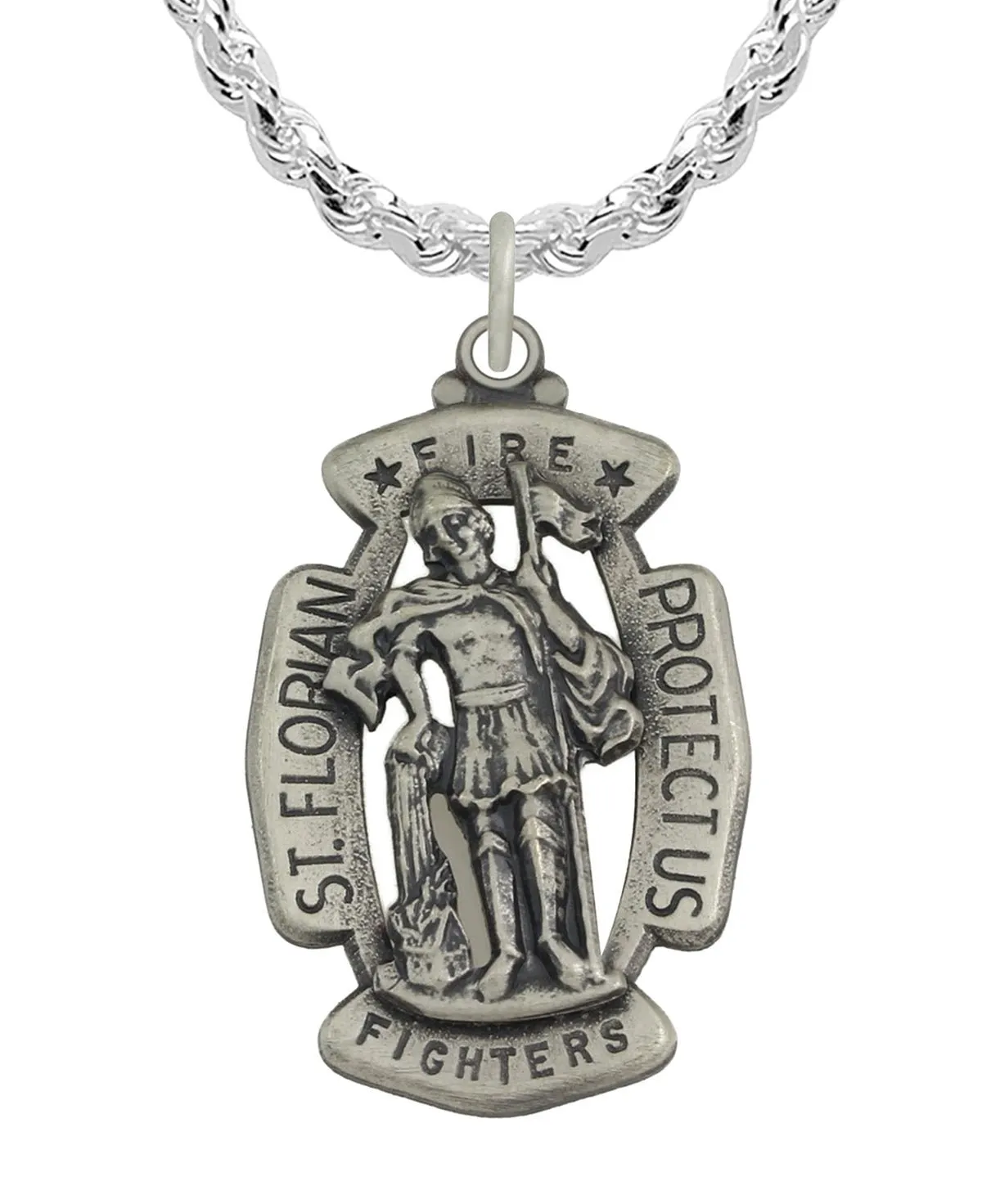 Men's 1 5/16in Sterling Silver Antiqued Saint St Florian Firefigthers Medal Pendant Necklace