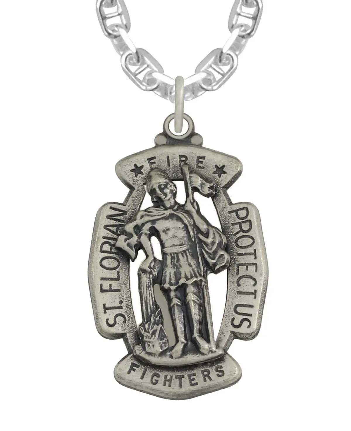 Men's 1 5/16in Sterling Silver Antiqued Saint St Florian Firefigthers Medal Pendant Necklace