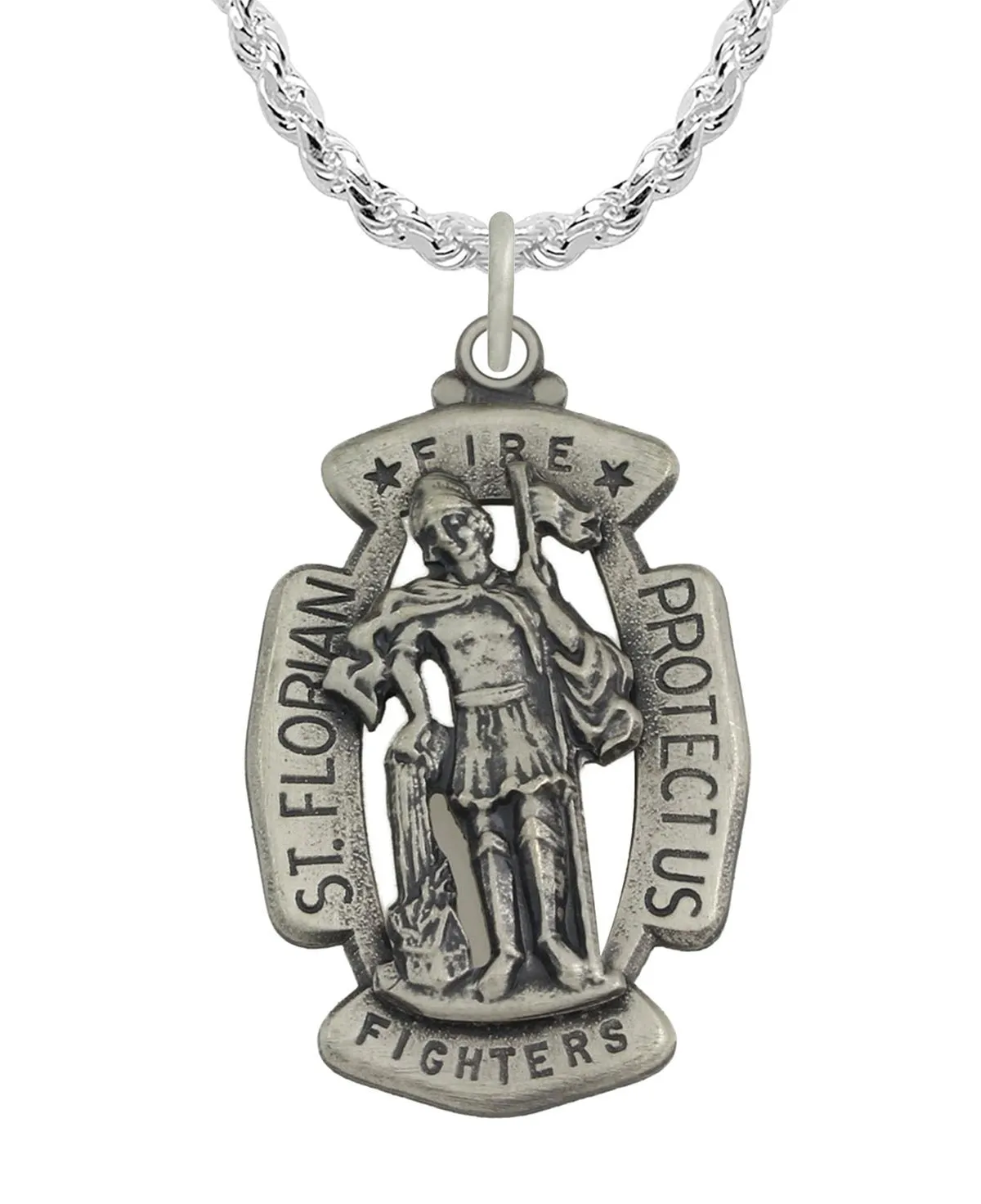Men's 1 5/16in Sterling Silver Antiqued Saint St Florian Firefigthers Medal Pendant Necklace