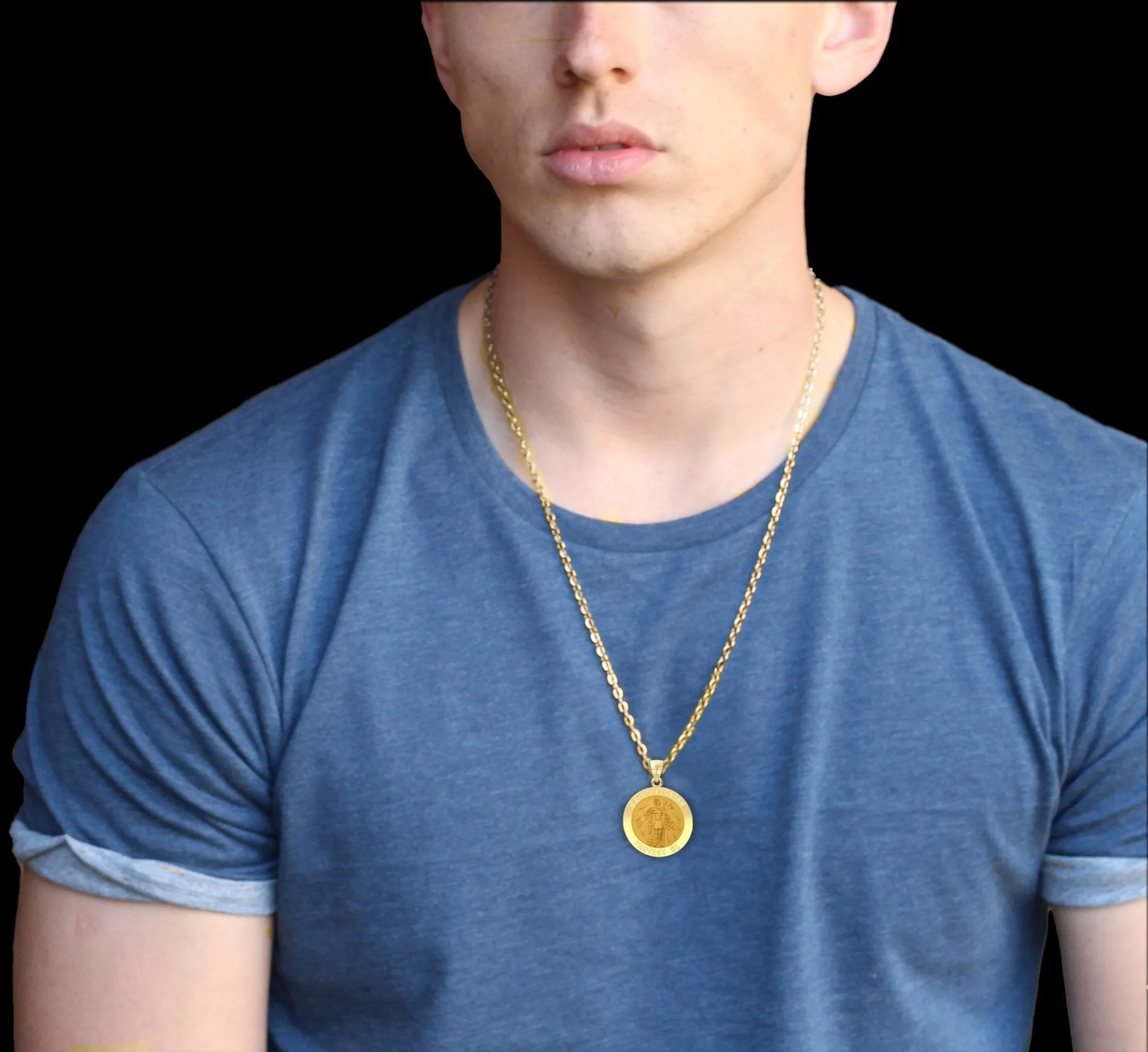Men's 14k Yellow Gold Round St Saint Florian Fireman Hollow Medal Pendant Necklace, 25mm