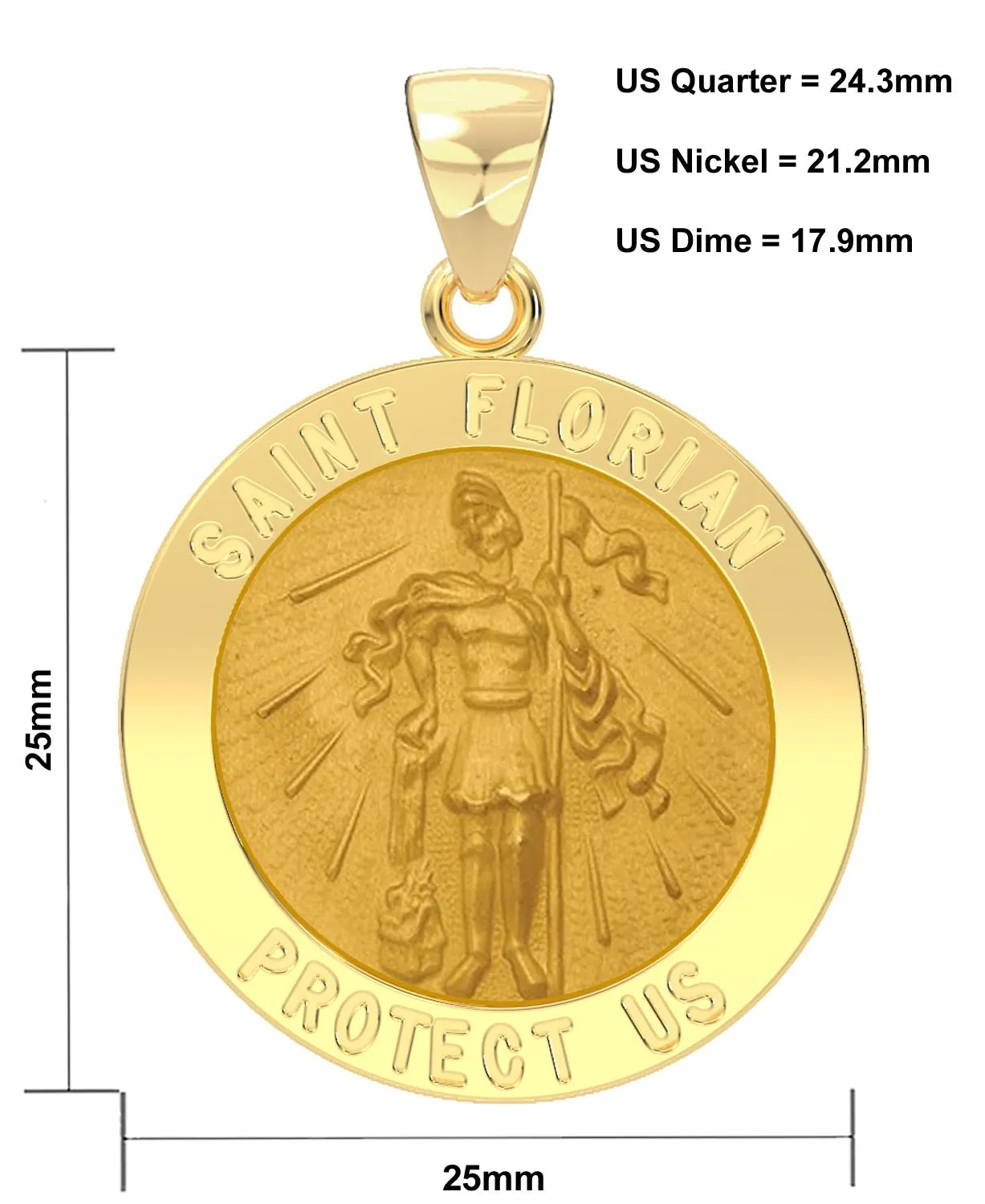 Men's 14k Yellow Gold Round St Saint Florian Fireman Hollow Medal Pendant Necklace, 25mm