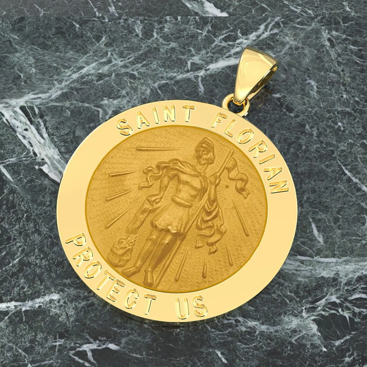 Men's 14k Yellow Gold Round St Saint Florian Fireman Hollow Medal Pendant Necklace, 25mm