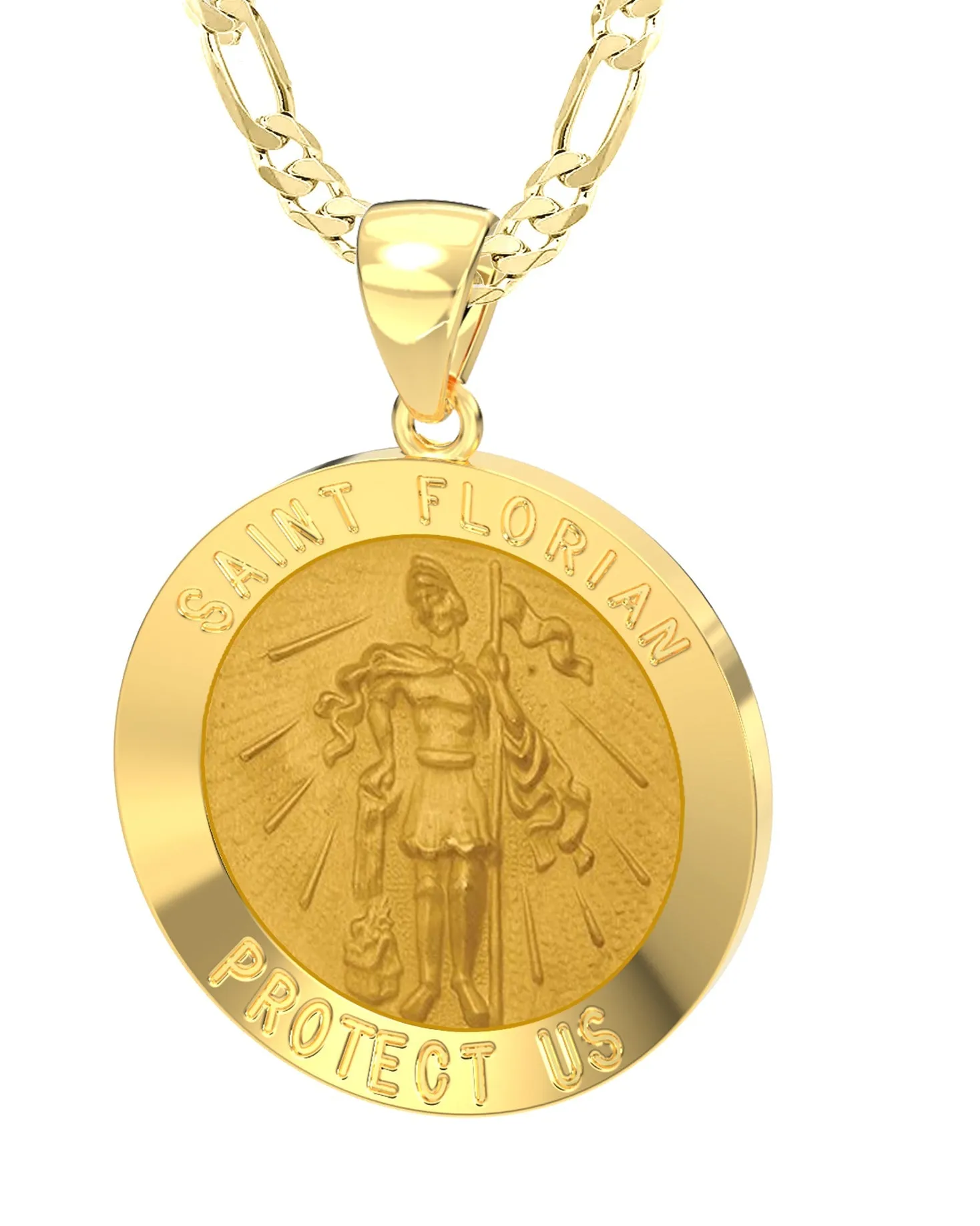 Men's 14k Yellow Gold Round St Saint Florian Fireman Hollow Medal Pendant Necklace, 25mm