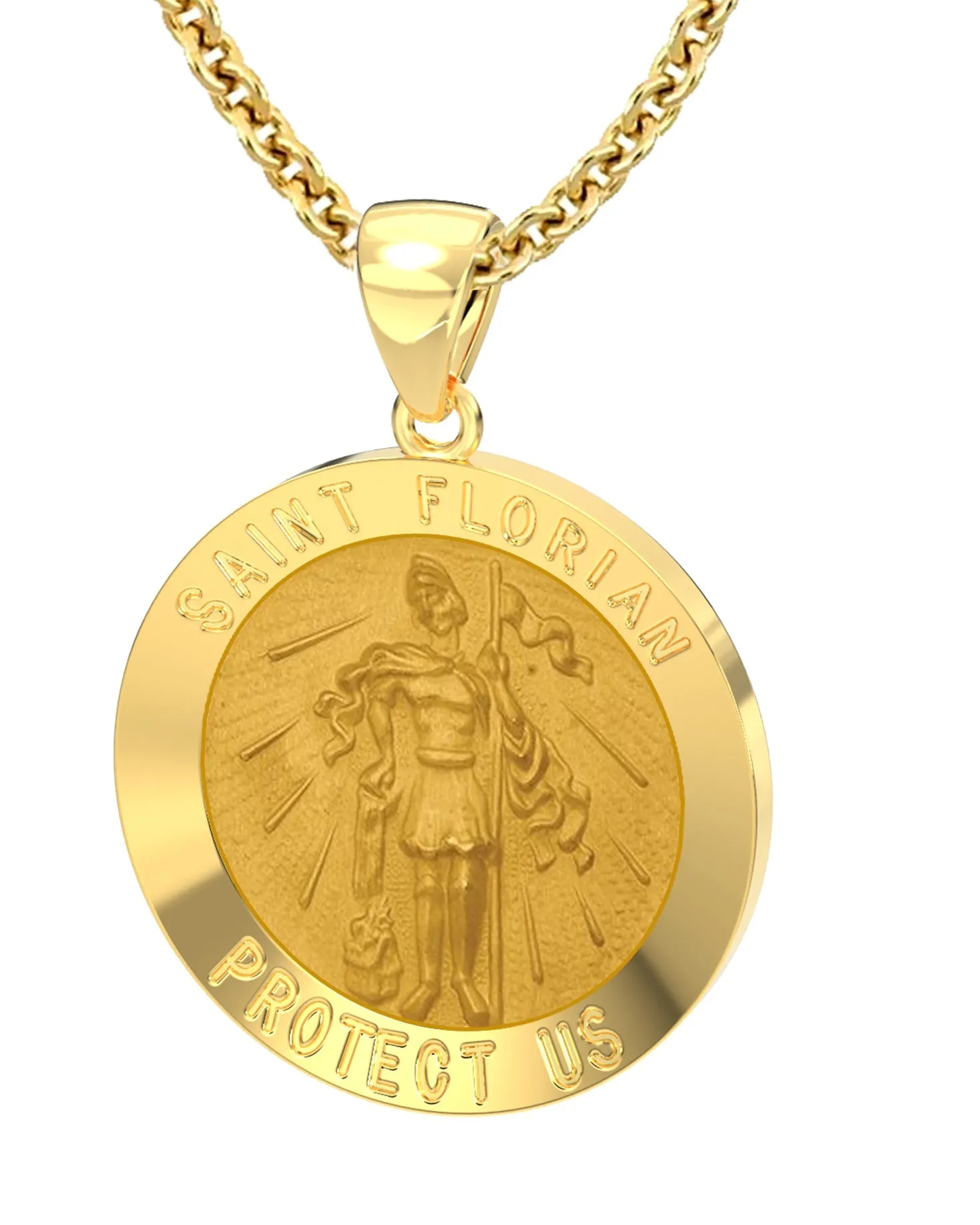 Men's 14k Yellow Gold Round St Saint Florian Fireman Hollow Medal Pendant Necklace, 25mm