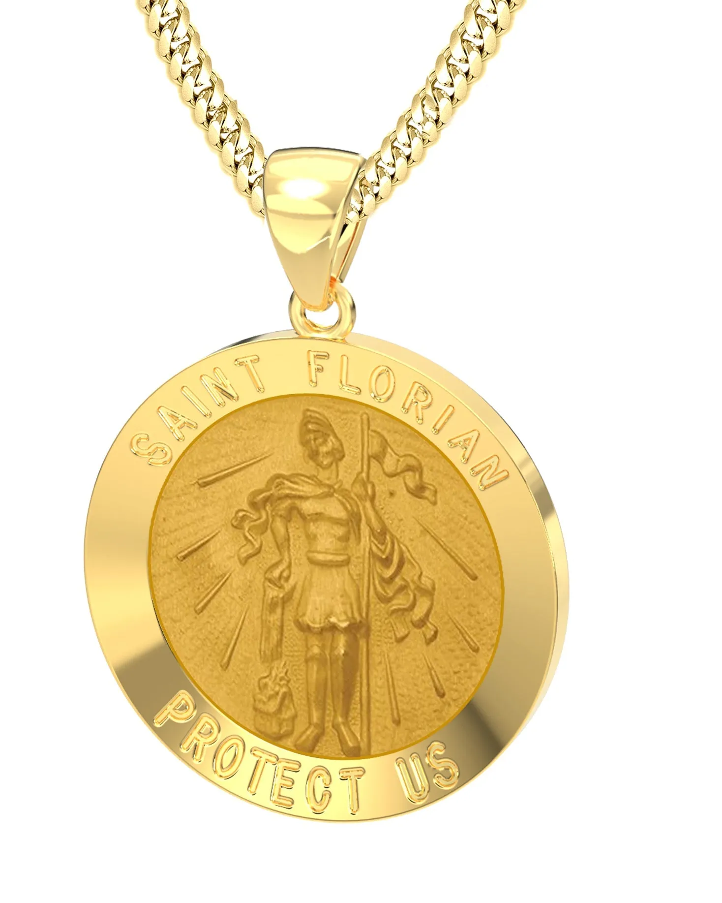 Men's 14k Yellow Gold Round St Saint Florian Fireman Hollow Medal Pendant Necklace, 25mm