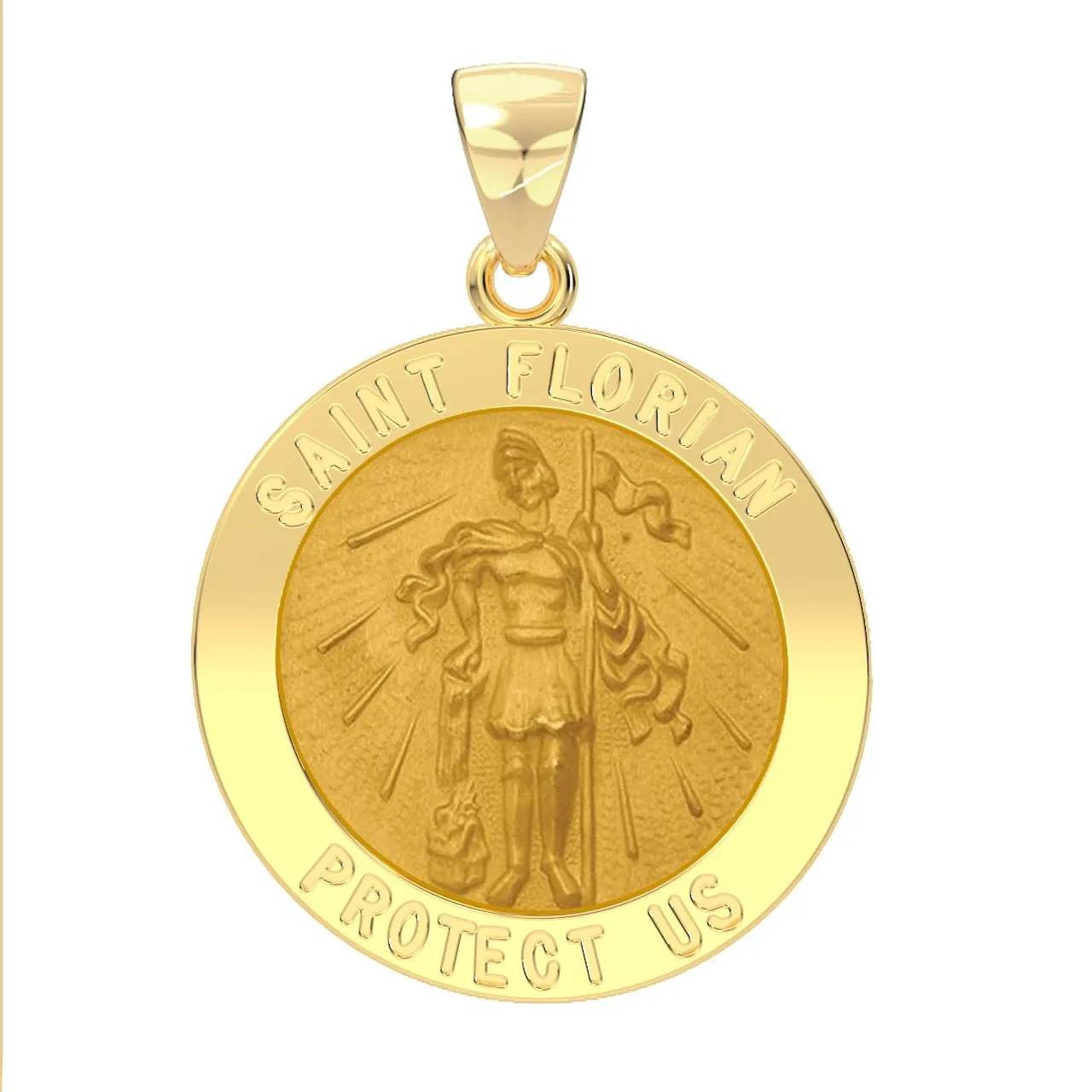 Men's 14k Yellow Gold Round St Saint Florian Fireman Hollow Medal Pendant Necklace, 25mm