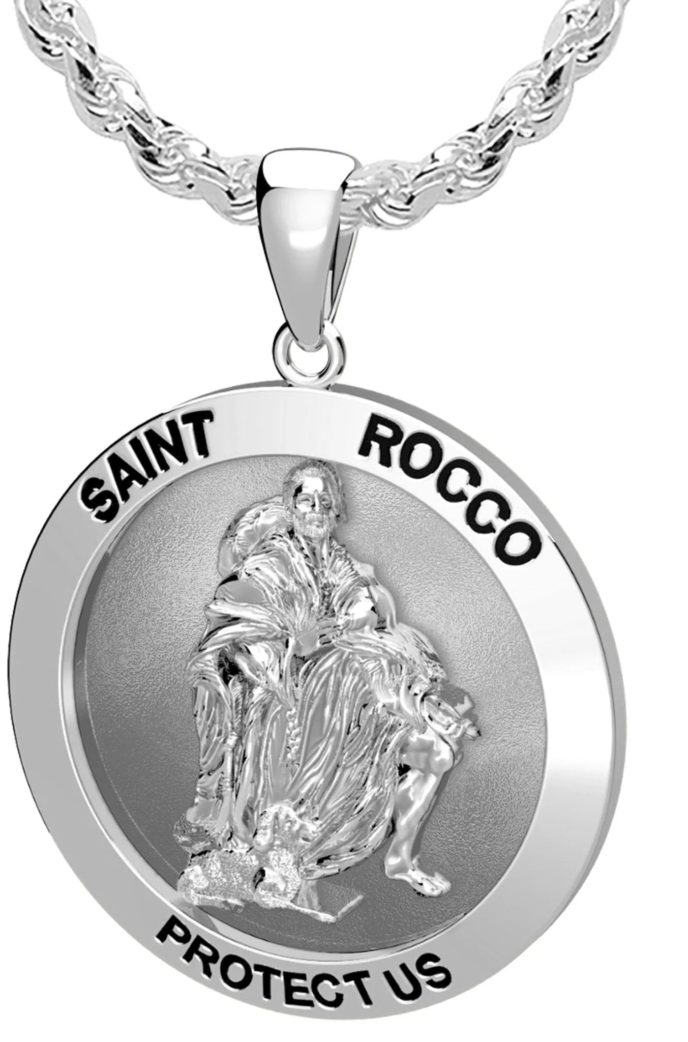 Men's 925 Sterling Silver 1in Saint Rocco Antique Finish Pendant Necklace, 25mm
