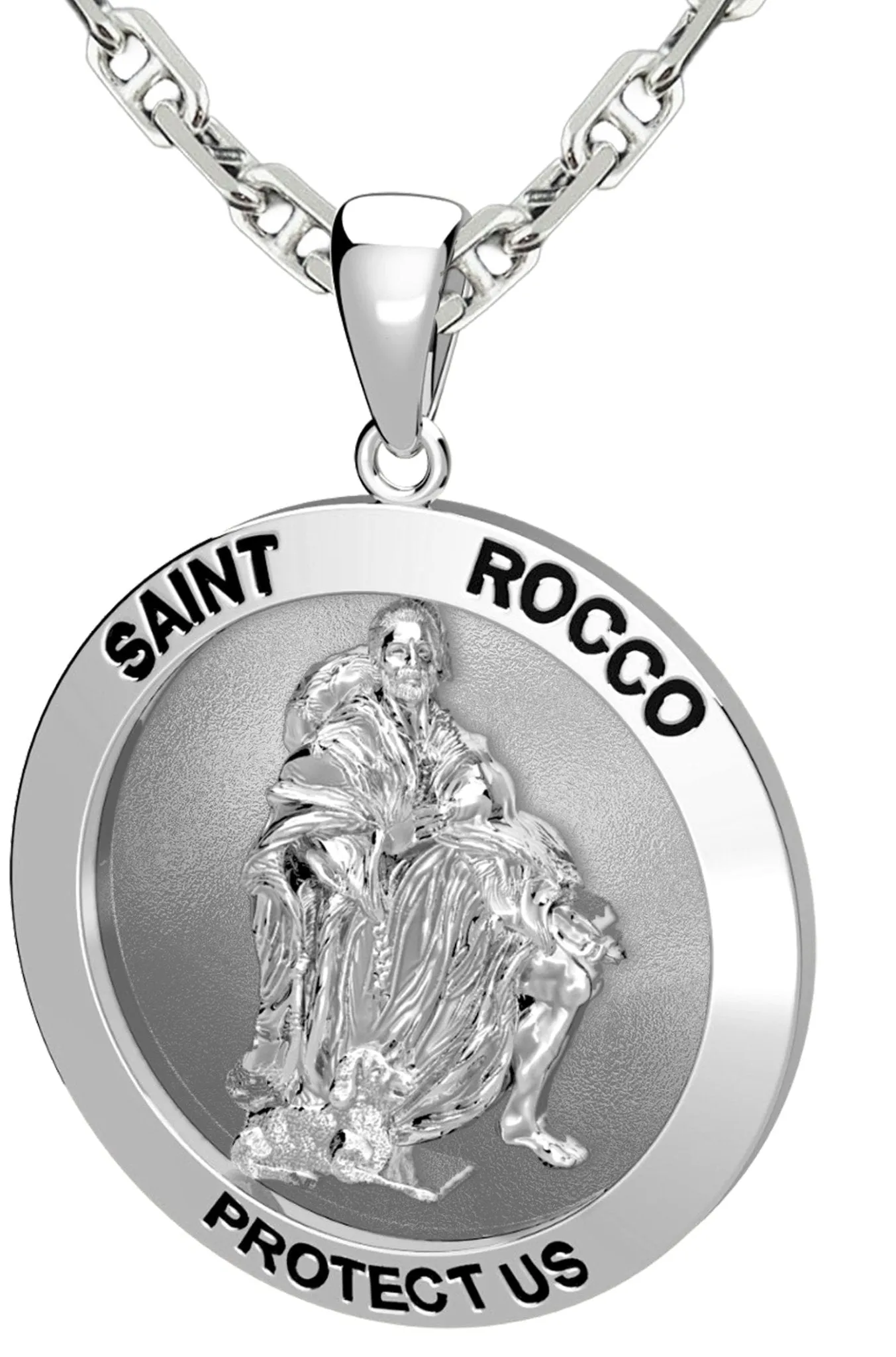 Men's 925 Sterling Silver 1in Saint Rocco Antique Finish Pendant Necklace, 25mm