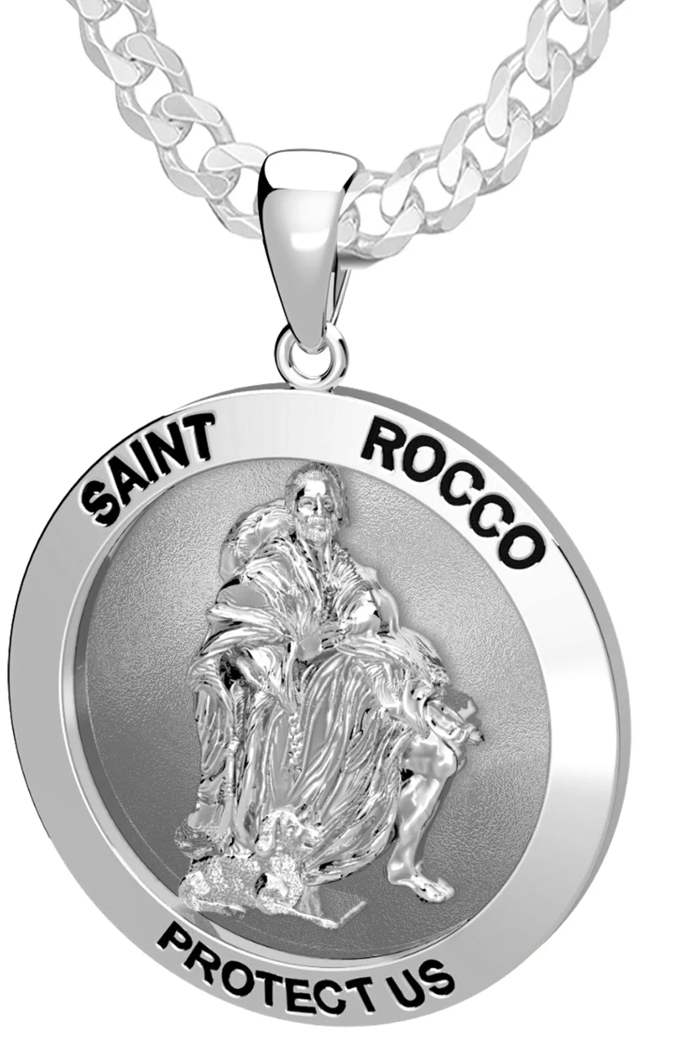 Men's 925 Sterling Silver 1in Saint Rocco Antique Finish Pendant Necklace, 25mm