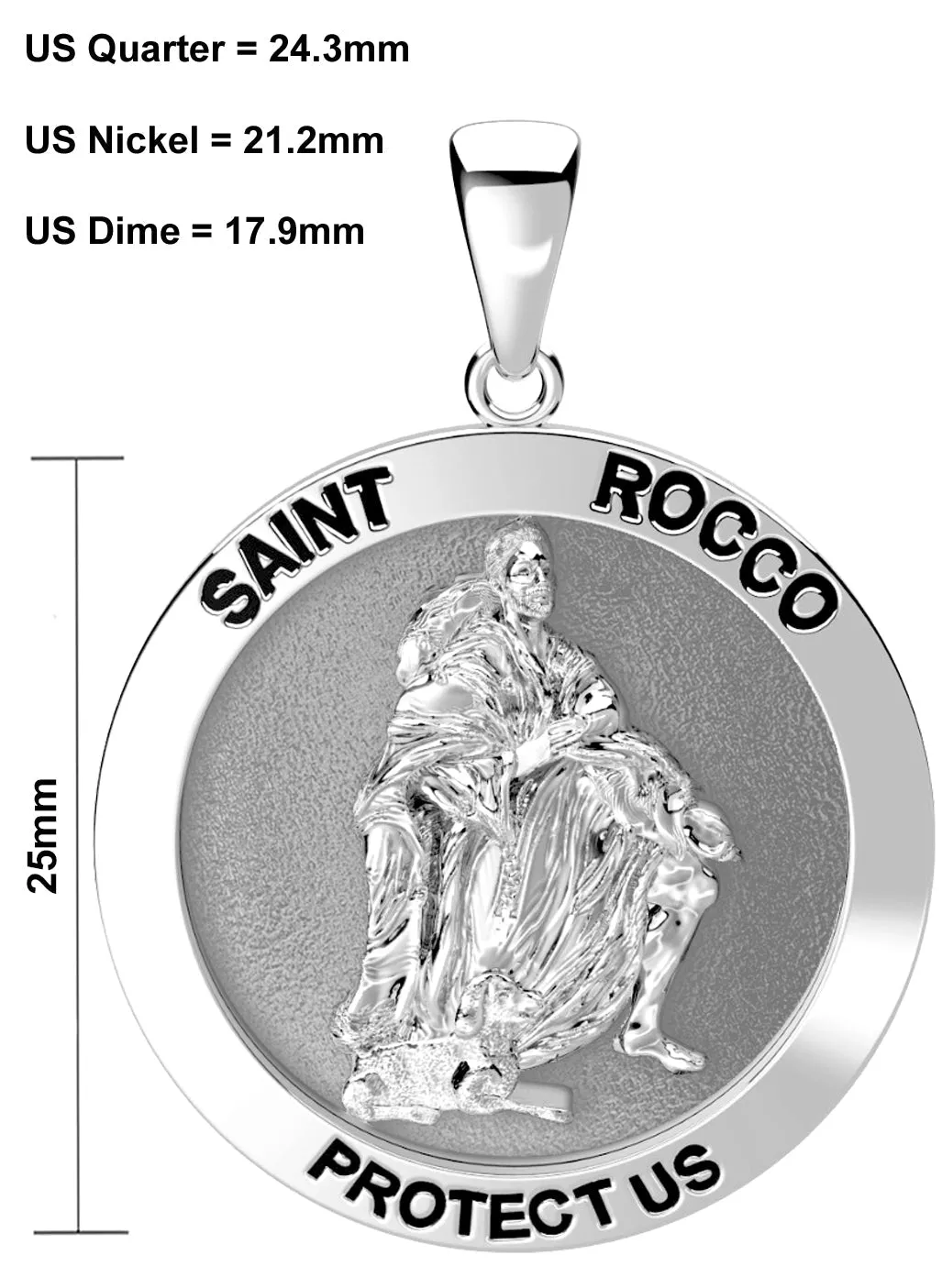 Men's 925 Sterling Silver 1in Saint Rocco Antique Finish Pendant Necklace, 25mm