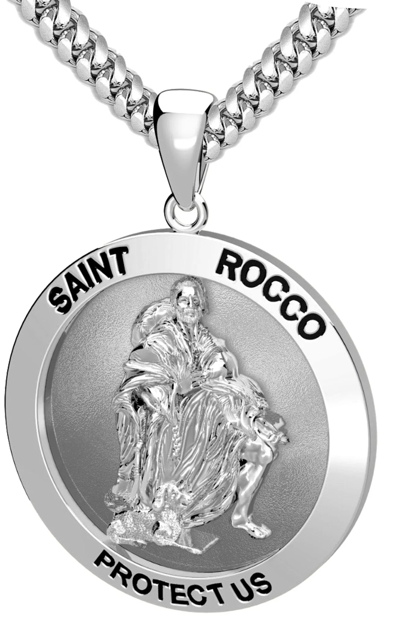 Men's 925 Sterling Silver 1in Saint Rocco Antique Finish Pendant Necklace, 25mm