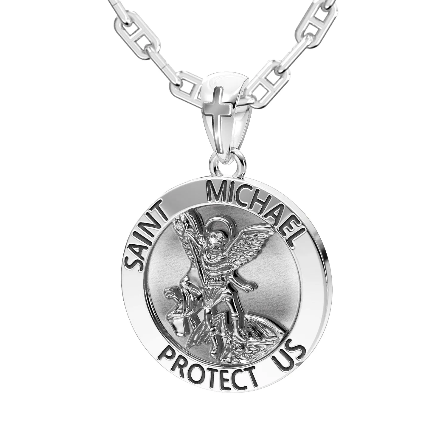 Men's 925 Sterling Silver Round Saint Michael Antique Finish Medal Pendant, 25mm