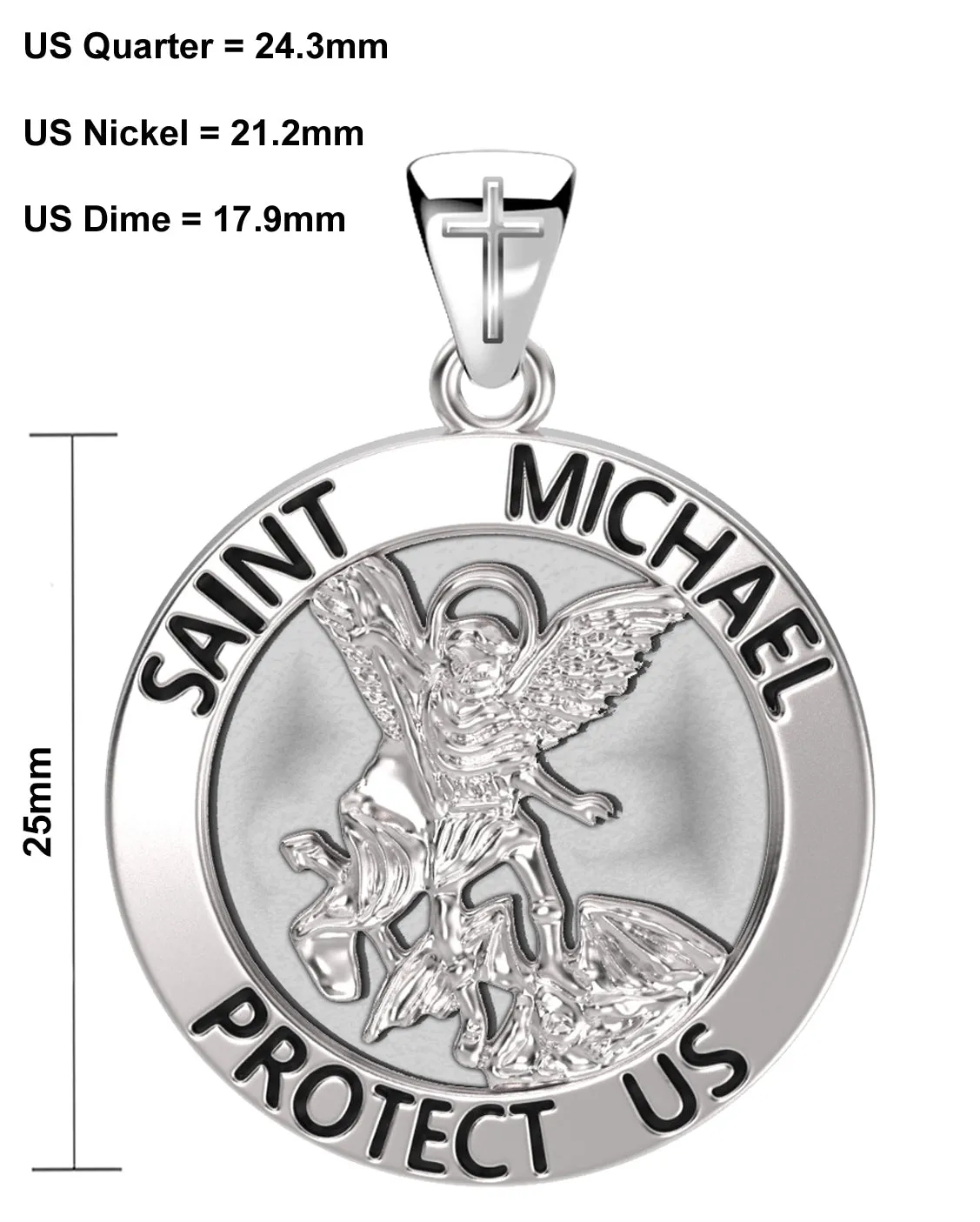 Men's 925 Sterling Silver Round Saint Michael Antique Finish Medal Pendant, 25mm