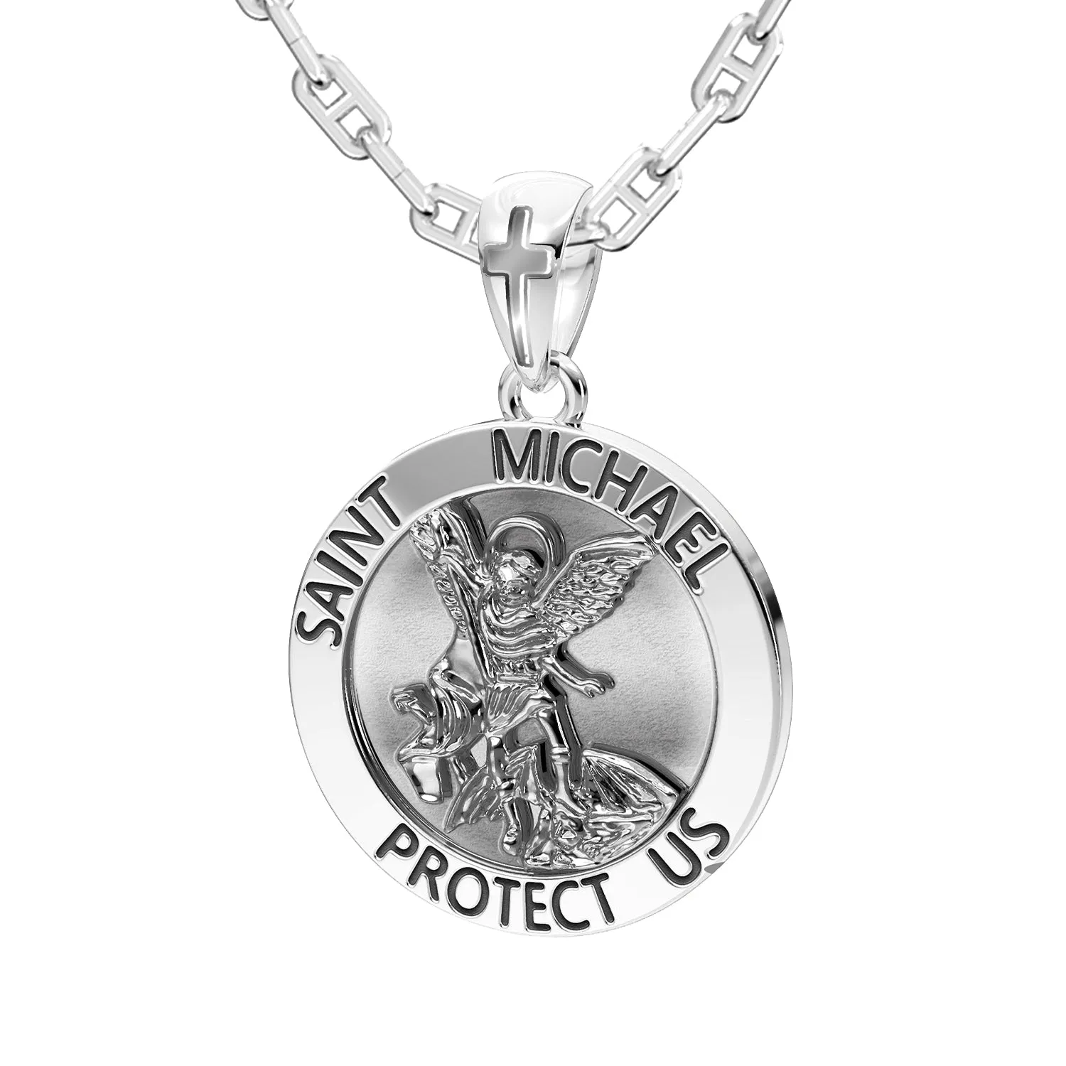 Men's 925 Sterling Silver Round Saint Michael Antique Finish Medal Pendant, 25mm