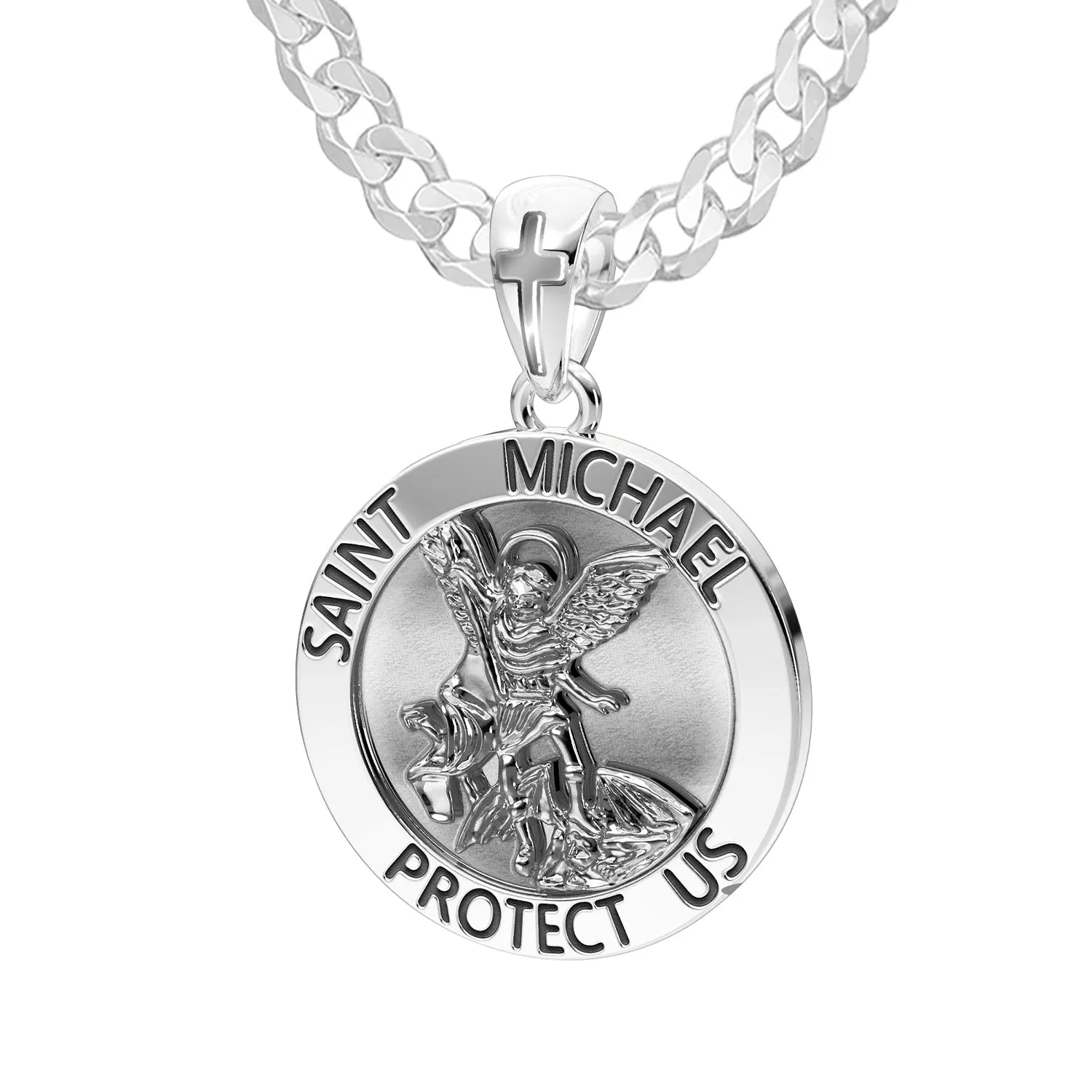 Men's 925 Sterling Silver Round Saint Michael Antique Finish Medal Pendant, 25mm