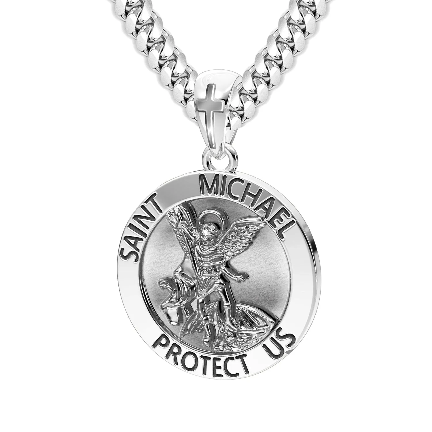Men's 925 Sterling Silver Round Saint Michael Antique Finish Medal Pendant, 25mm