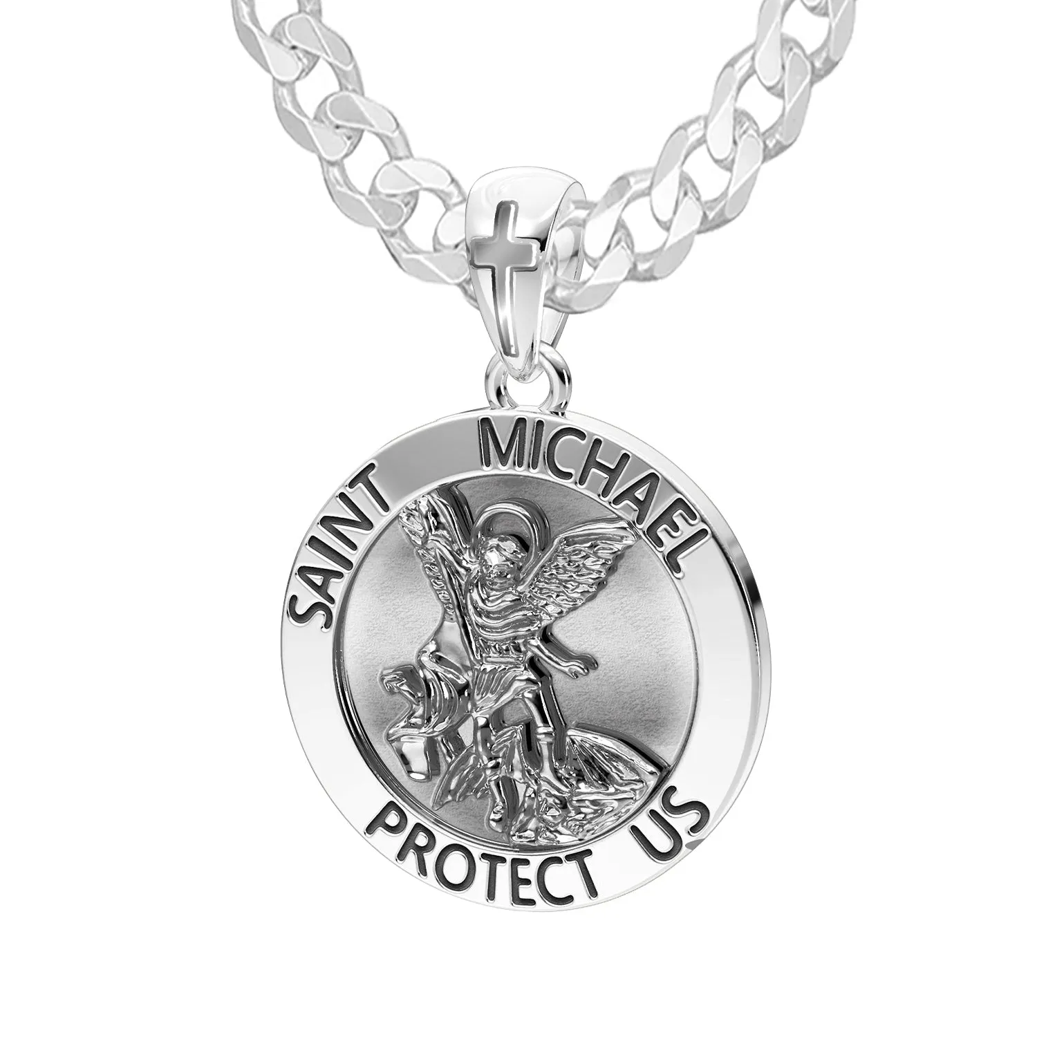 Men's 925 Sterling Silver Round Saint Michael Antique Finish Medal Pendant, 25mm
