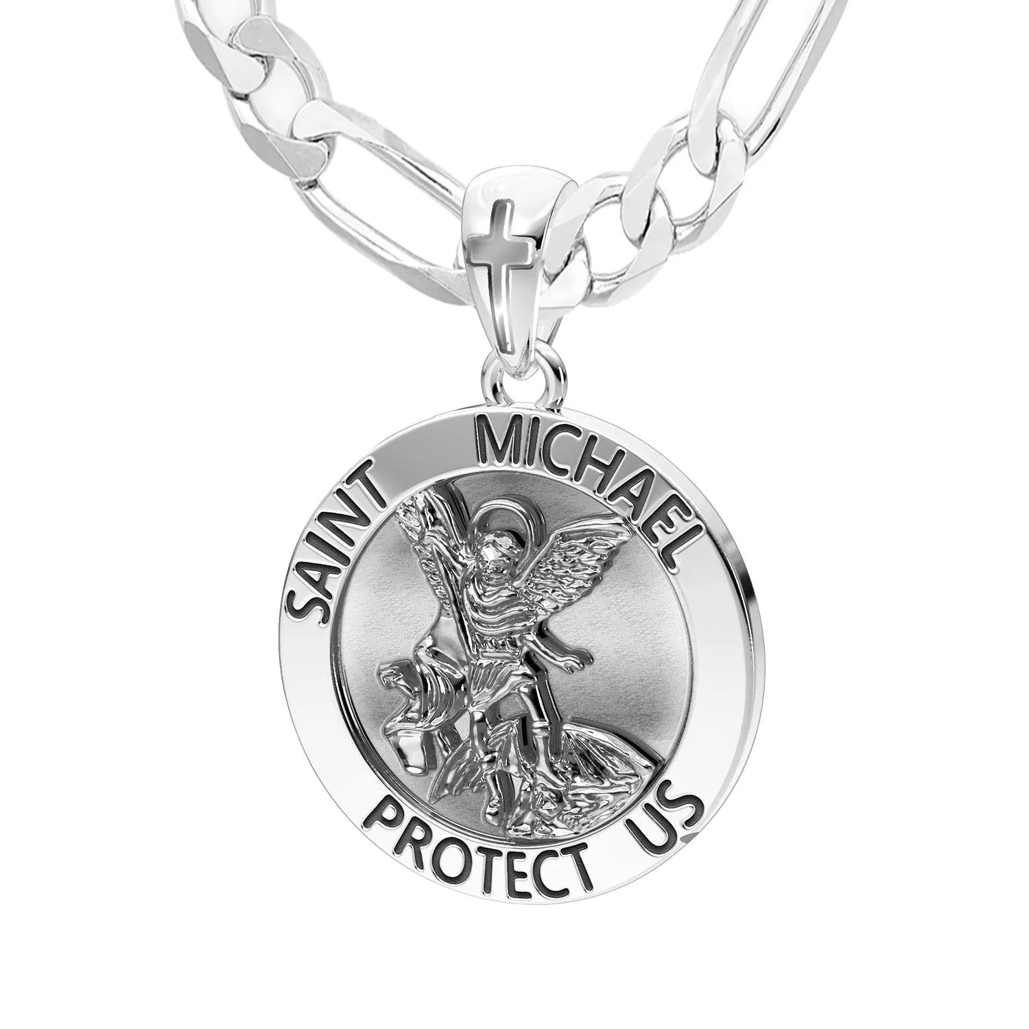 Men's 925 Sterling Silver Round Saint Michael Antique Finish Medal Pendant, 25mm