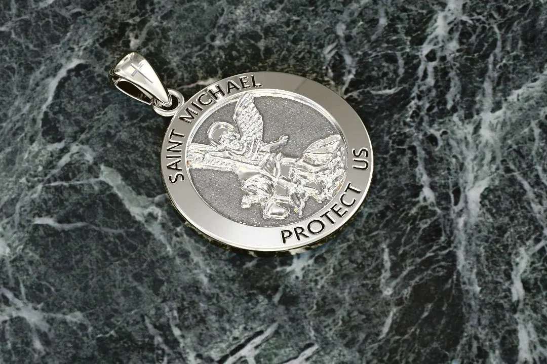 Men's 925 Sterling Silver Round Saint Michael Antique Finish Medal Pendant, 25mm
