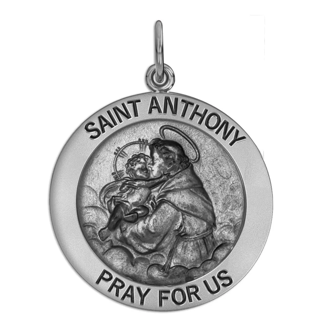 Men's 925 Sterling Silver Saint Anthony Antique Finish Oval Pendant Necklace, 25mm