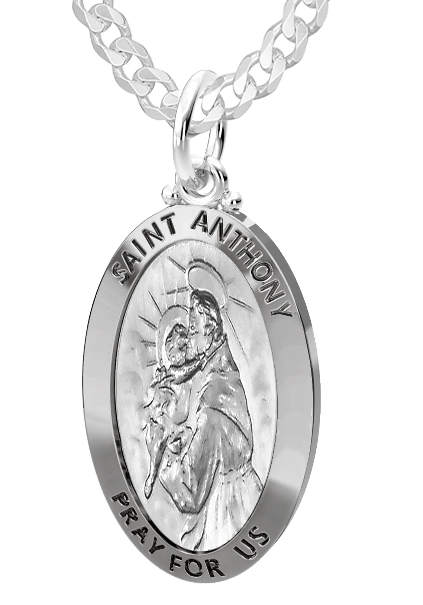 Men's 925 Sterling Silver Saint Anthony Antique Finish Oval Pendant Necklace, 28mm