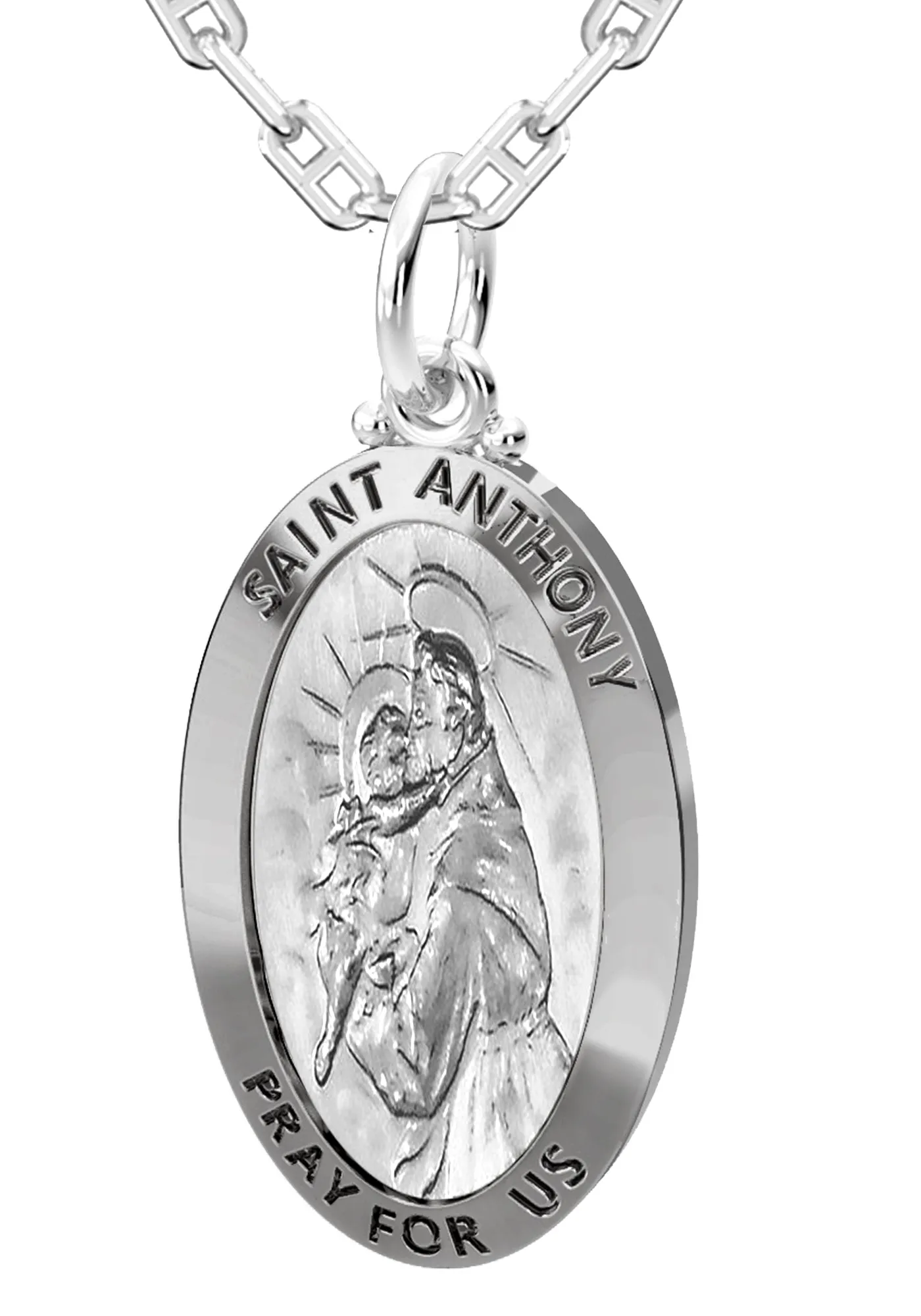 Men's 925 Sterling Silver Saint Anthony Antique Finish Oval Pendant Necklace, 28mm