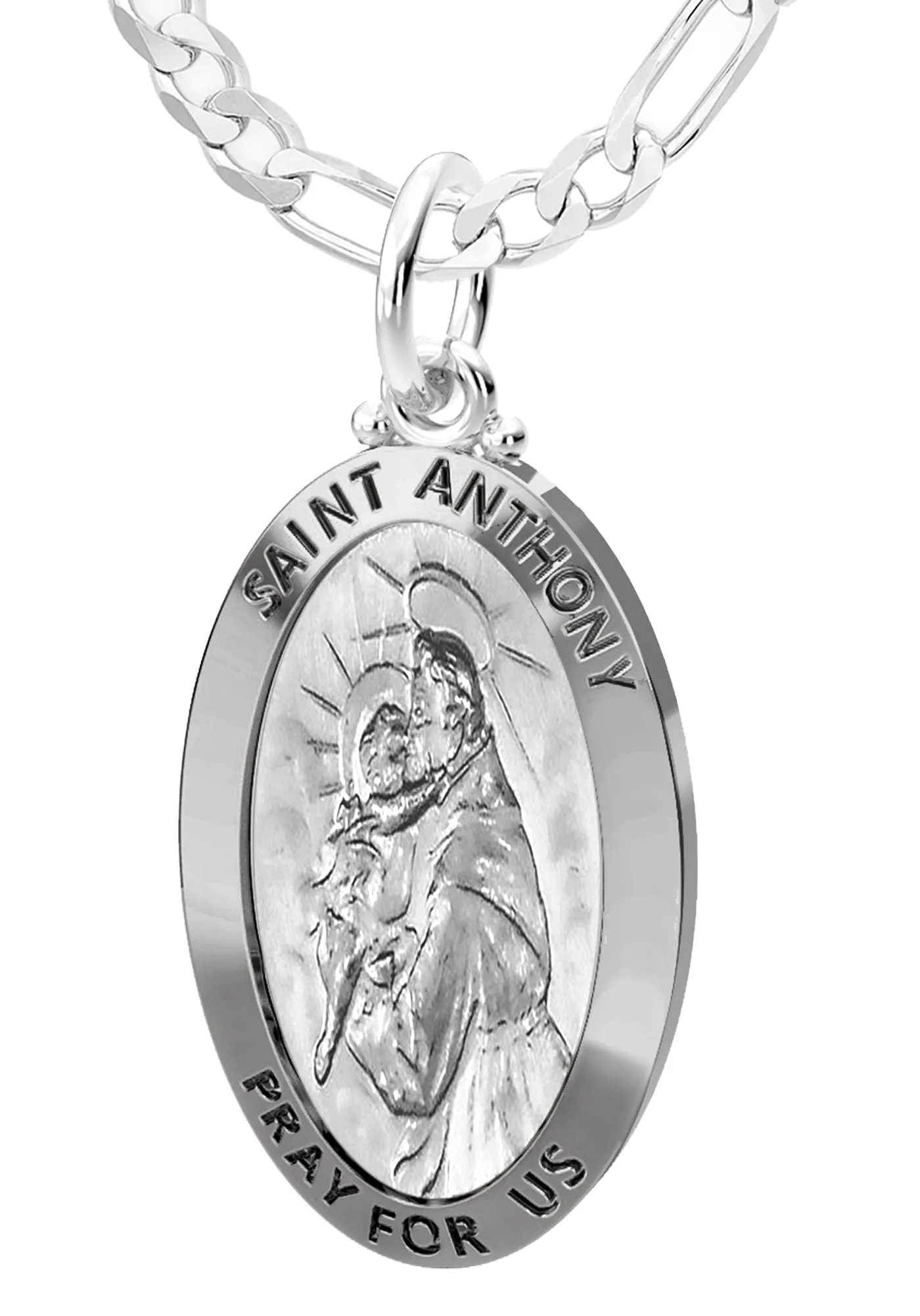 Men's 925 Sterling Silver Saint Anthony Antique Finish Oval Pendant Necklace, 28mm