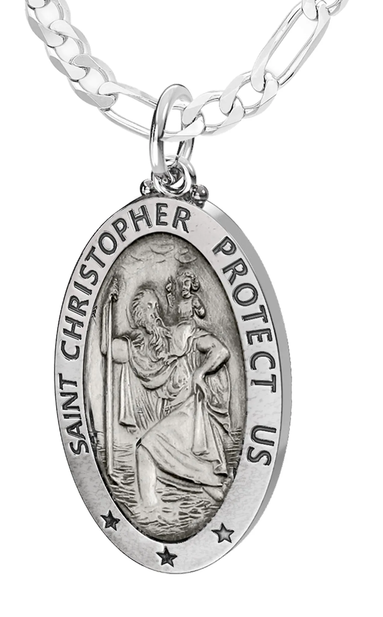 Men's 925 Sterling Silver Saint Christopher Oval Antique Pendant Necklace, 28mm