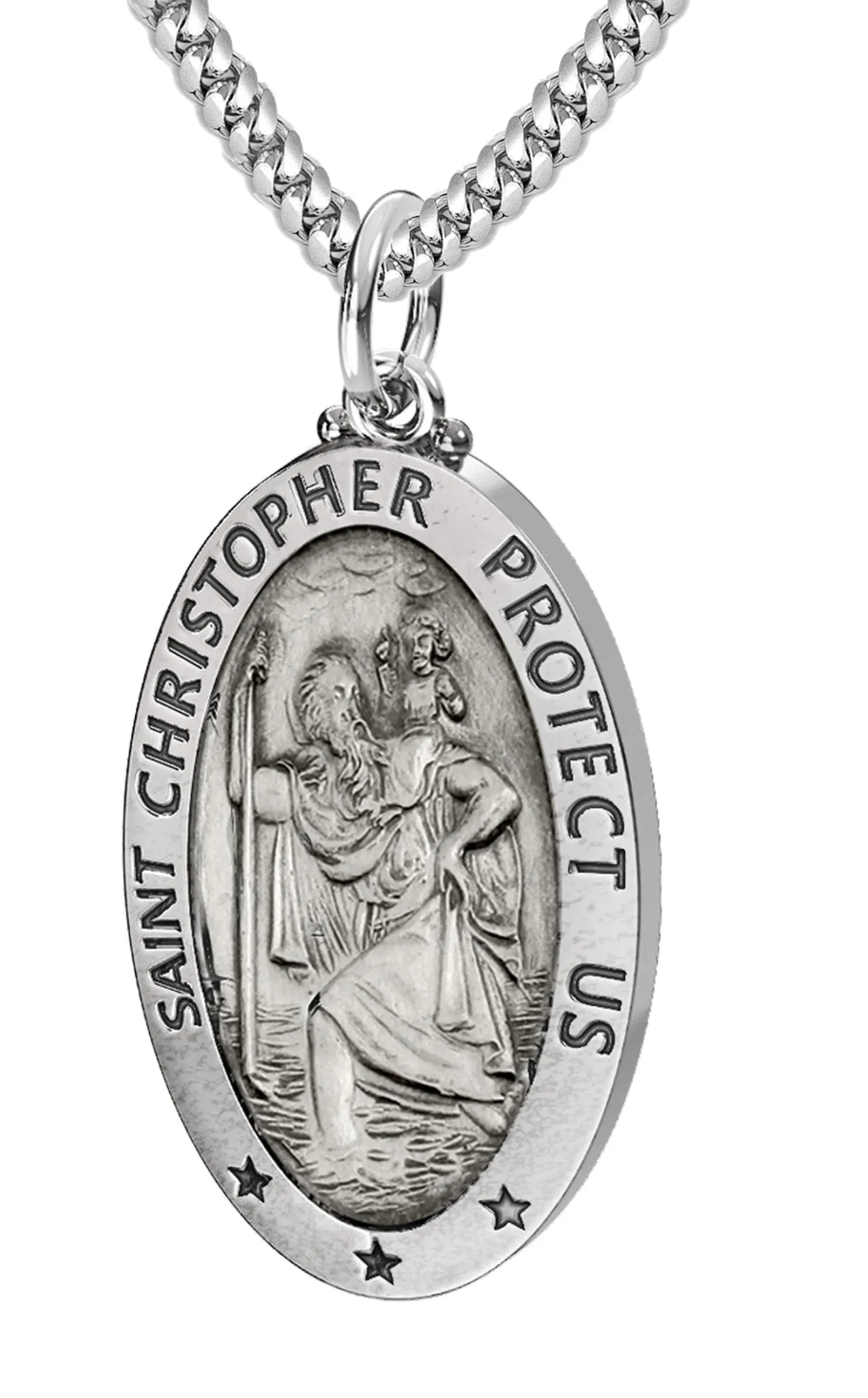 Men's 925 Sterling Silver Saint Christopher Oval Antique Pendant Necklace, 28mm