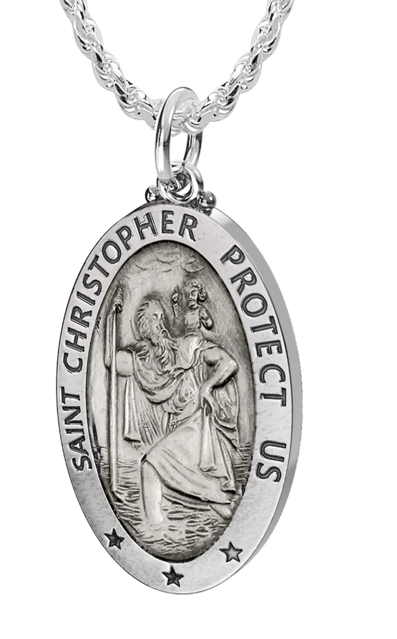 Men's 925 Sterling Silver Saint Christopher Oval Antique Pendant Necklace, 28mm