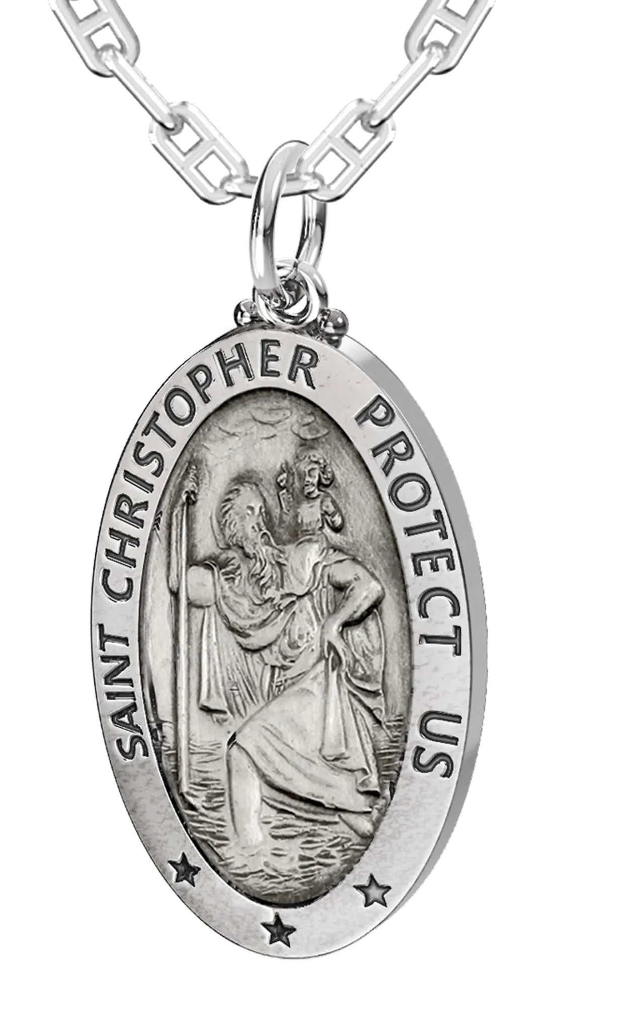 Men's 925 Sterling Silver Saint Christopher Oval Antique Pendant Necklace, 28mm