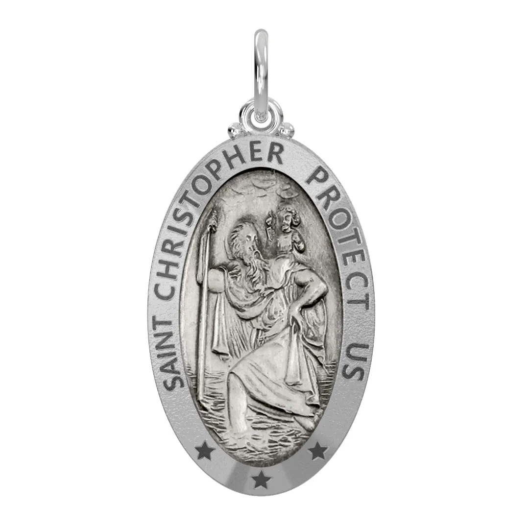 Men's 925 Sterling Silver Saint Christopher Oval Antique Pendant Necklace, 28mm